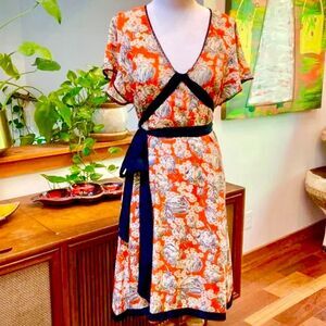 Anthropologie Maeve Silk Flutter Sleeve Abstract Floral Print Midi Dress Size 2